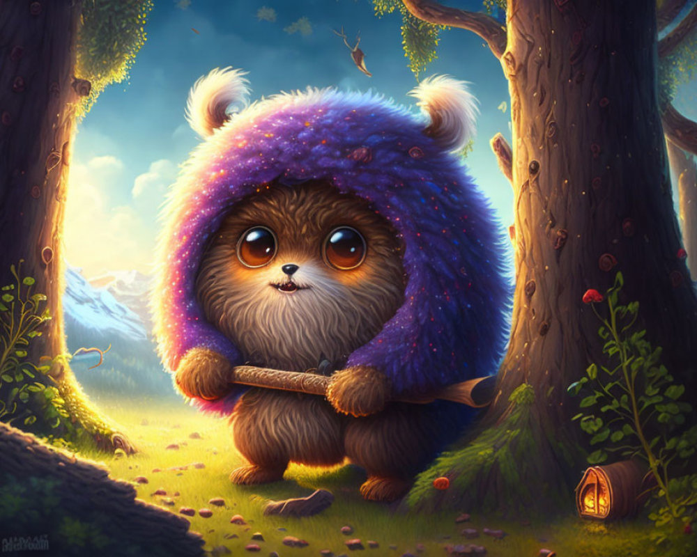 Fluffy creature in purple hood in whimsical forest with tiny door