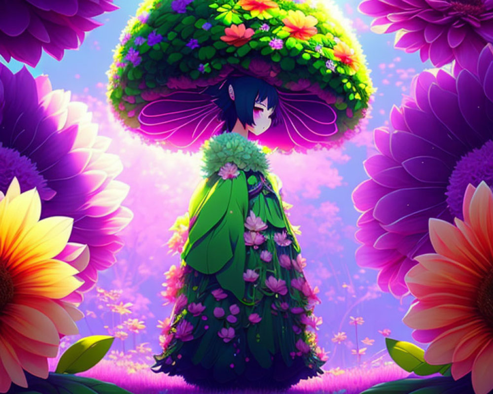 Colorful character in floral dress with flower canopy, surrounded by vibrant blossoms under purple sky.