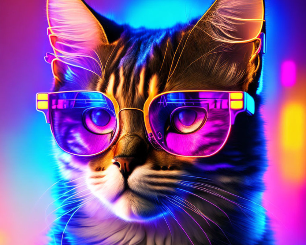 Colorful digital artwork: Cat in pink glasses with neon cat ears on psychedelic backdrop