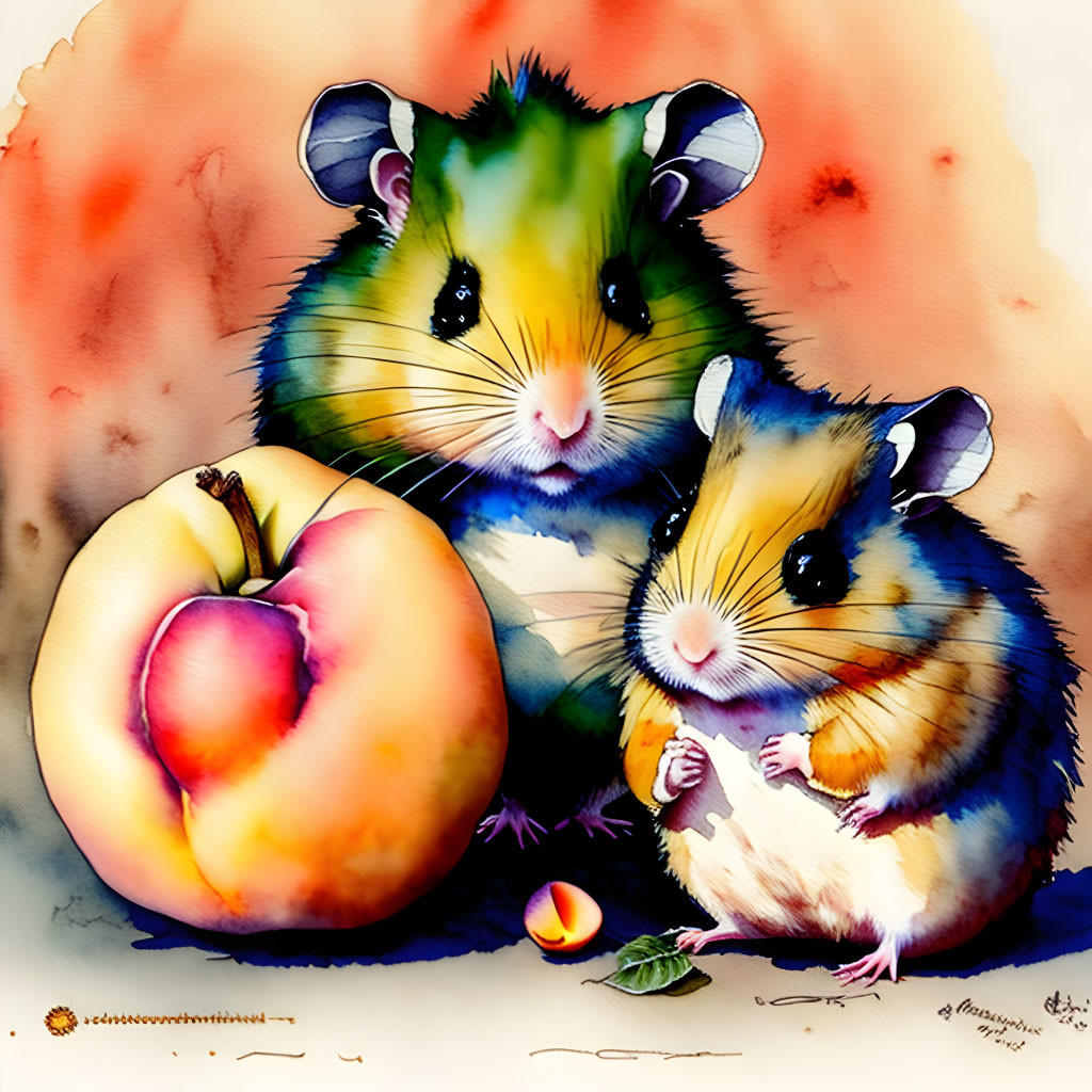 Colorful watercolor painting of hamsters with peach and nut on warm background