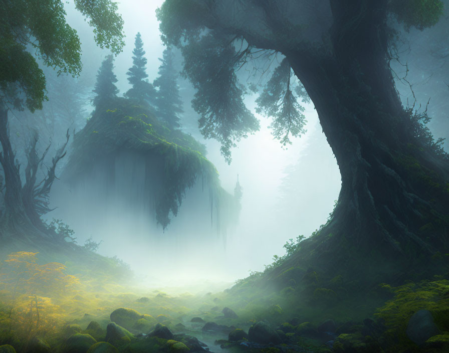 Misty forest with ancient tree, moss, stream, and lush greenery