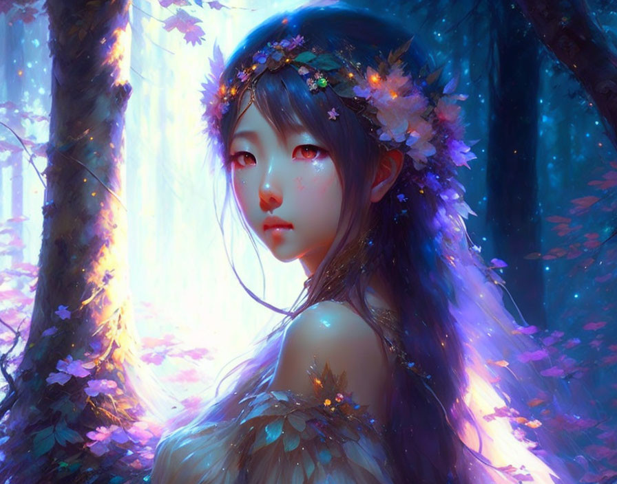 Digital Artwork: Mystical Girl in Enchanted Forest with Floral Crown