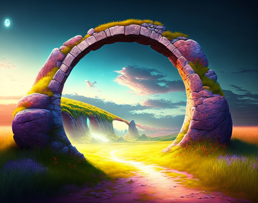Stone arch with grass frames path in serene landscape under sunset sky