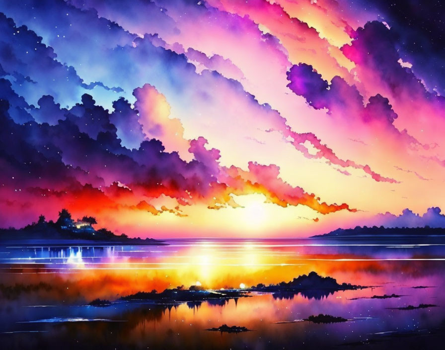 Scenic sunset with purple and pink clouds reflecting in calm water
