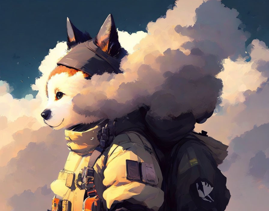 Adventurous dog illustration with fluffy collar and headset