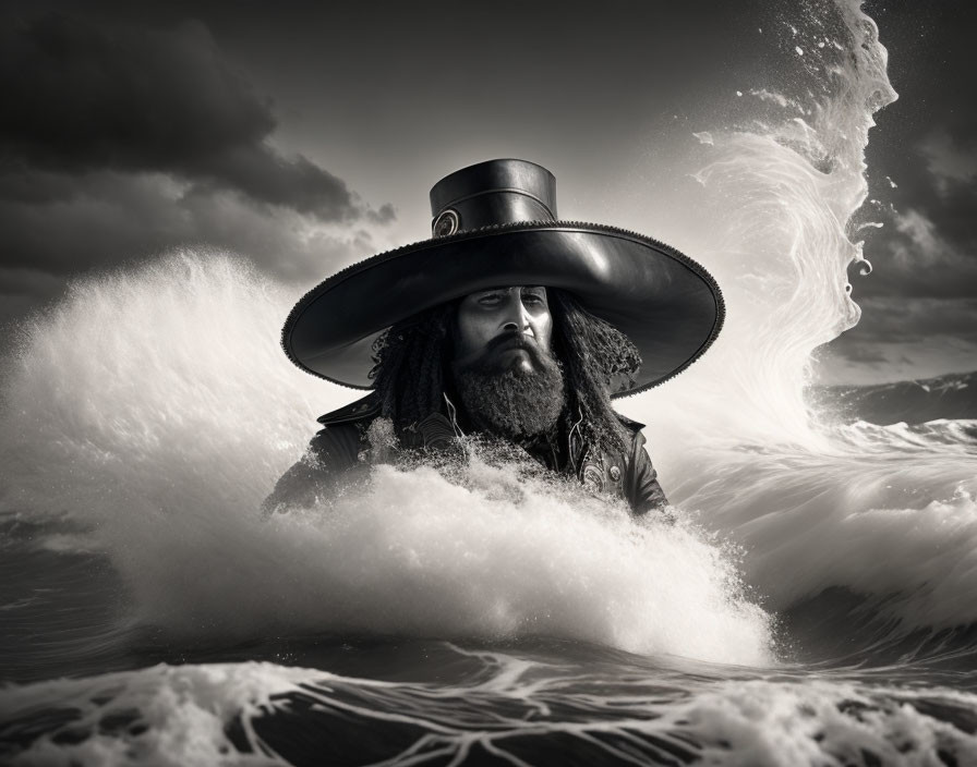 Monochrome image: person with beard in large-brimmed hat emerging from ocean waves under dramatic sky