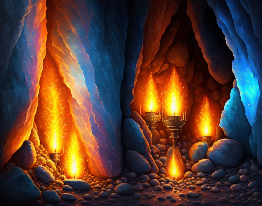 Colorful Fantasy Cave with Glowing Torches