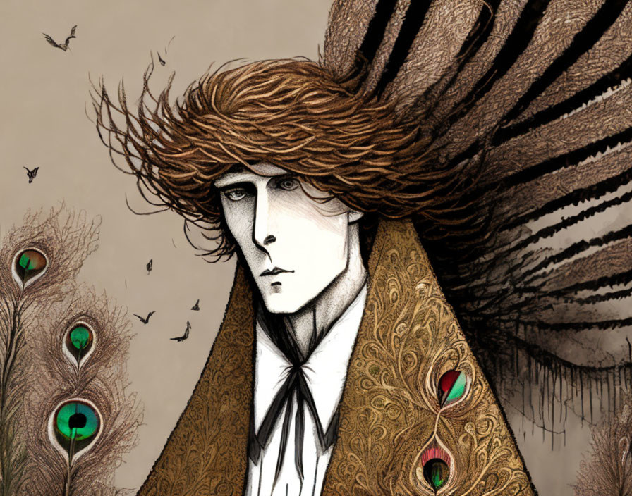 Illustrated person with wavy hair and stern expression in peacock feather-patterned coat on beige backdrop