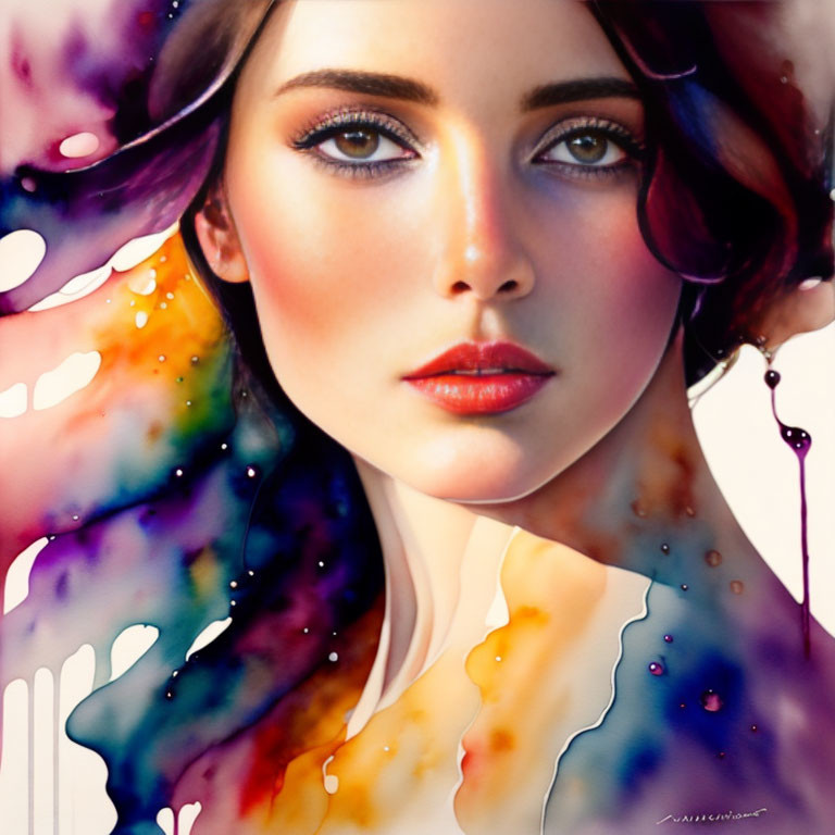 Stylized portrait of woman with vibrant watercolor splashes