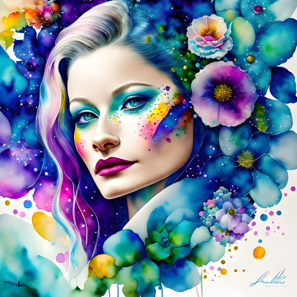 Vibrant digital artwork: Woman with flowers and paint splatters