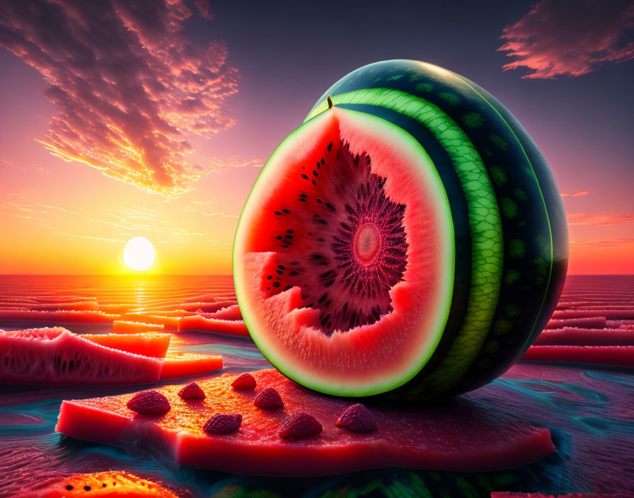 Surreal watermelon landscape with kiwi-like interior at sunset
