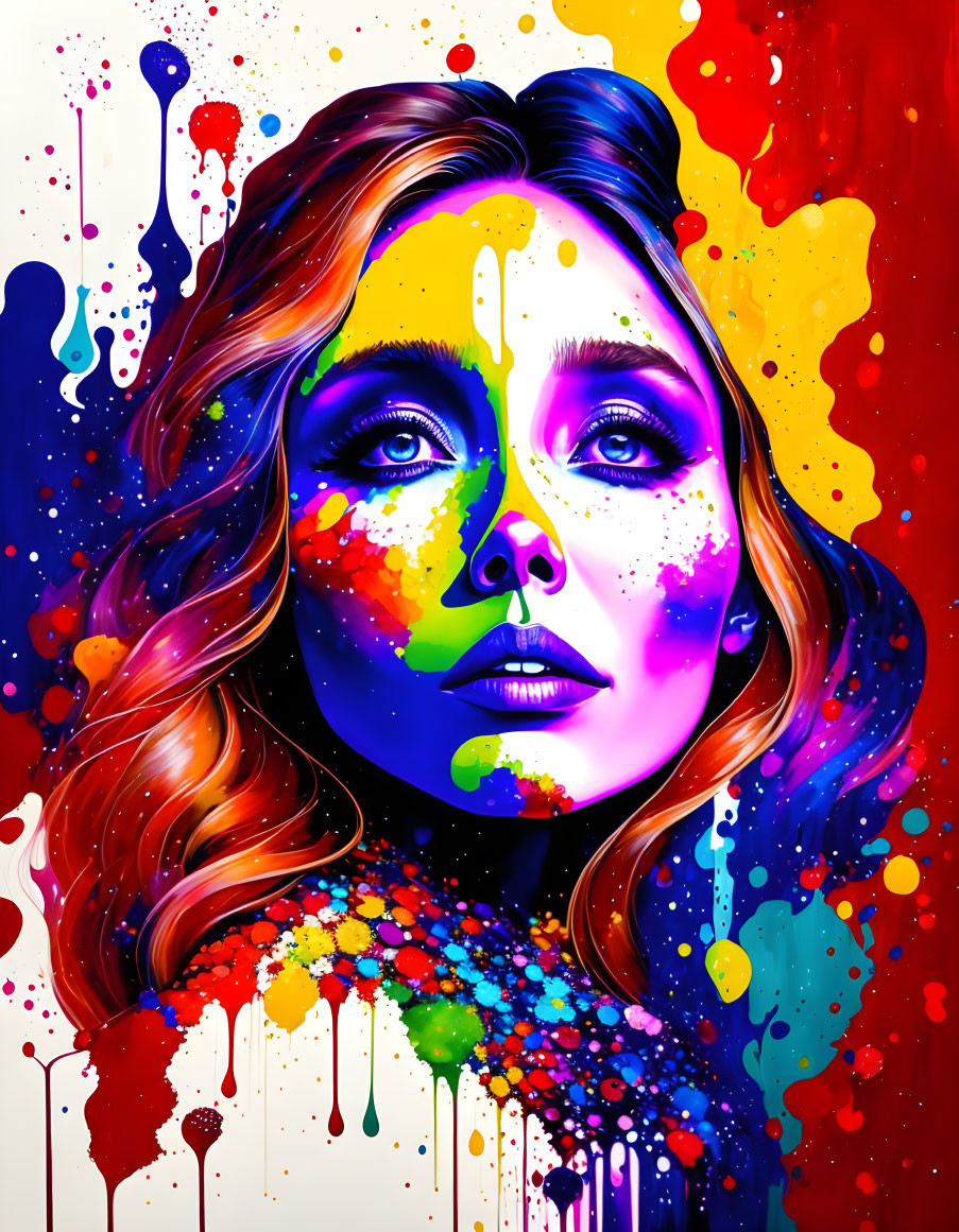 Colorful Paint Splatter Portrait of Woman
