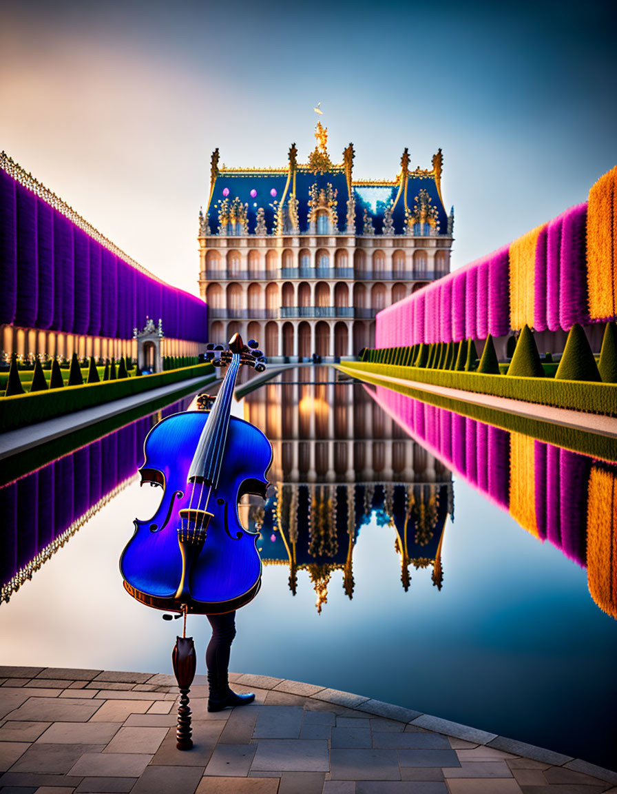 Symmetrical water reflection of richly decorated building with blue violin