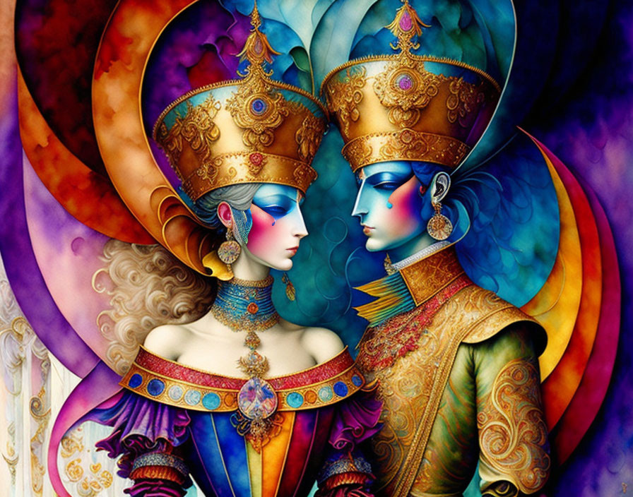Vibrant digital artwork of two figures in blue and gold attire