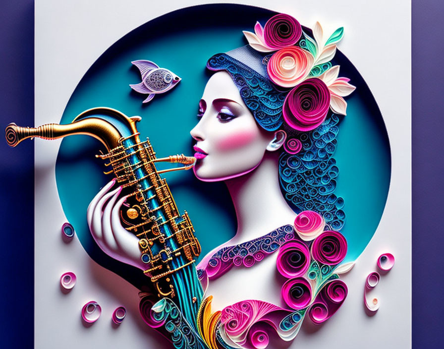 Colorful flower-haired woman playing saxophone with fish and bubbles on blue gradient.