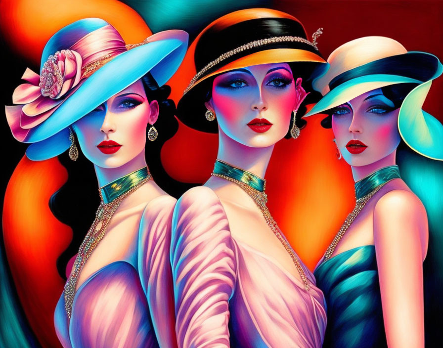 Vibrant painting of three women in stylish hats and dresses