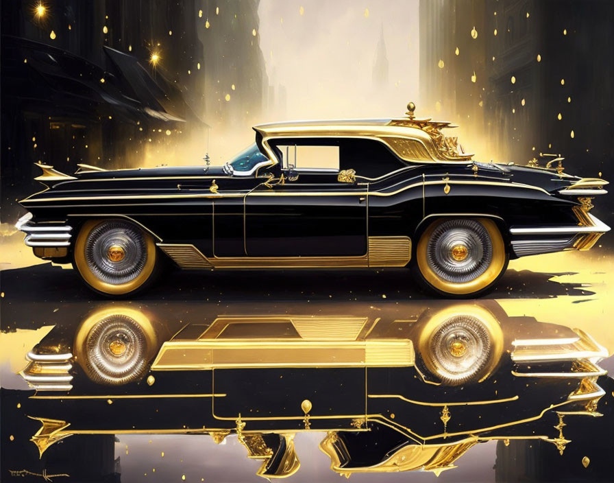 Black Classic Car with Gold Trim Reflected on Shiny Surface
