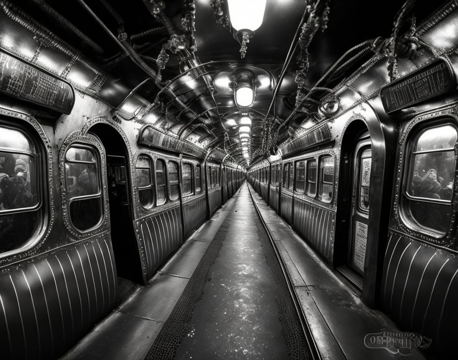 Vintage subway train interior with ornate metalwork and passengers in black and white