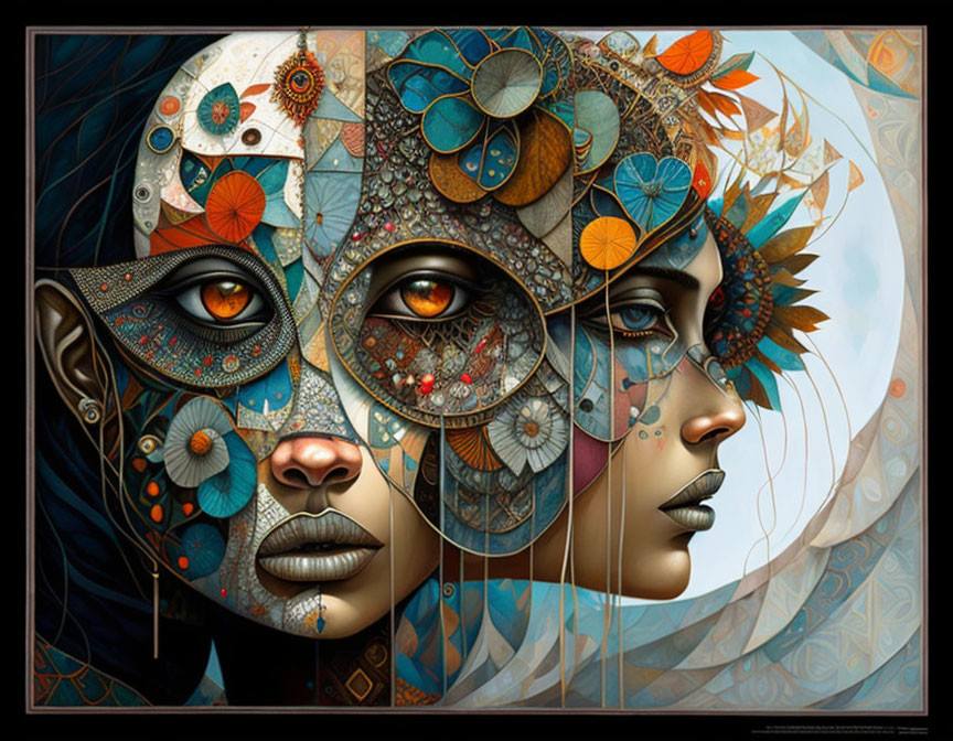 Surreal artwork with stylized faces, intricate patterns, floral motifs, and mechanical elements