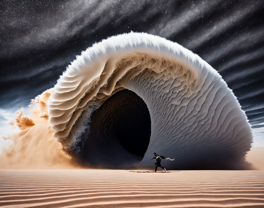 Photographer captures massive wave-shaped sand structure under starry desert sky