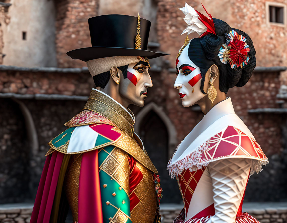 Colorful Stylized Human-Like Figures in Elaborate Costumes Engage in Dramatic