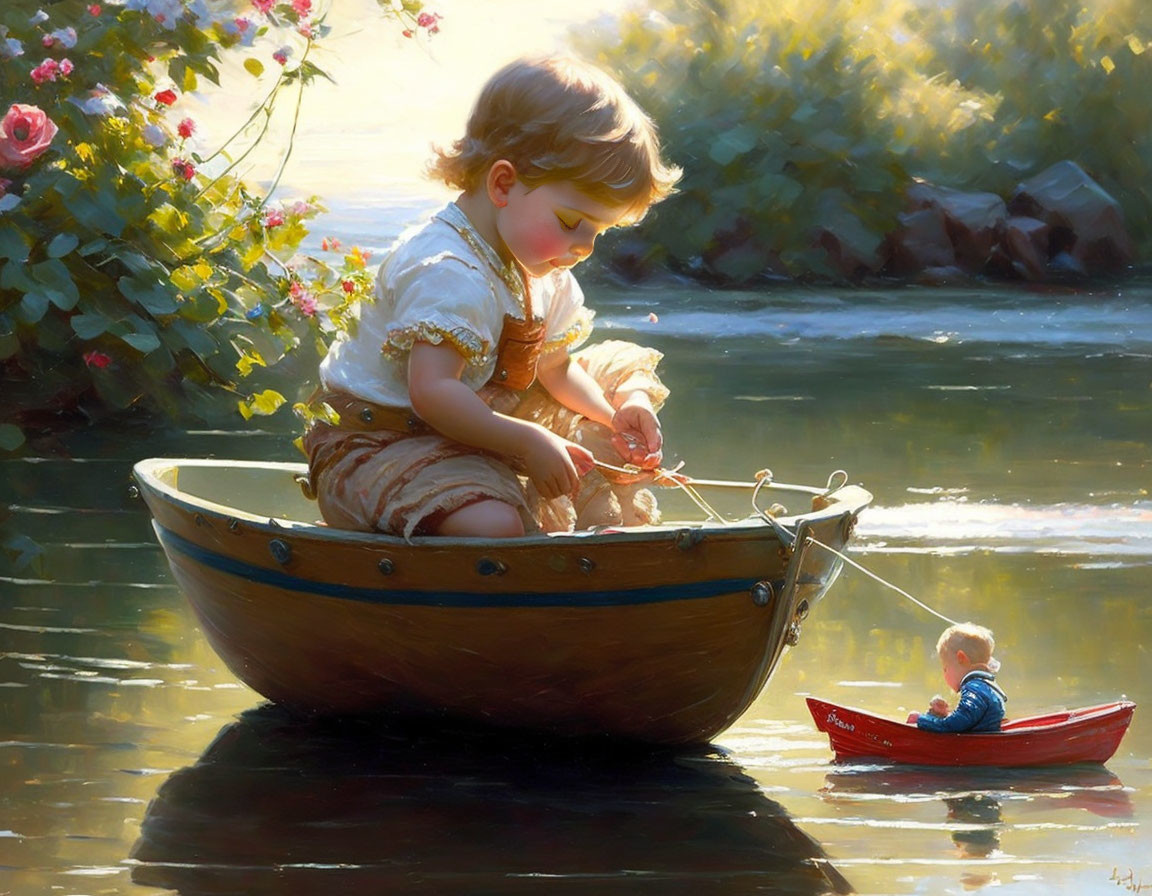 a child drives a toy boat