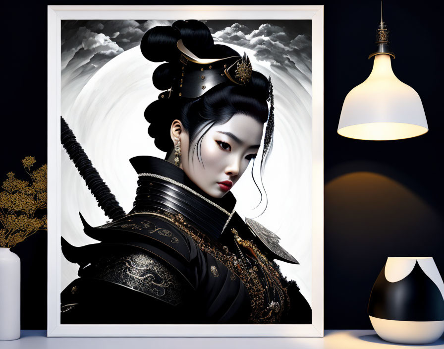 Illustration of Woman in Asian Warrior Armor with Elaborate Hairstyle against Cloudy Backdrop