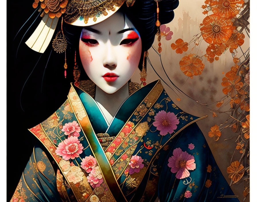 Geisha illustration in elaborate makeup and traditional kimono against floral backdrop