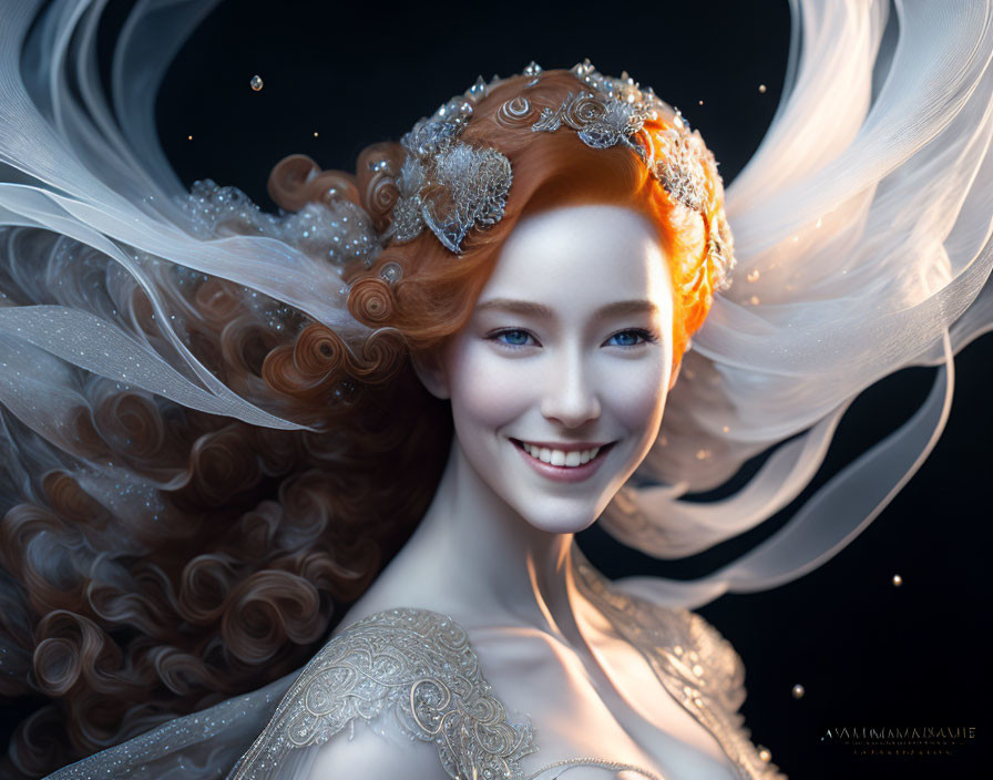 Smiling woman with auburn hair in ethereal portrait.