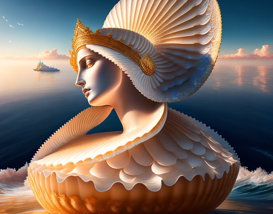 Woman's profile in shell headdress against ocean backdrop