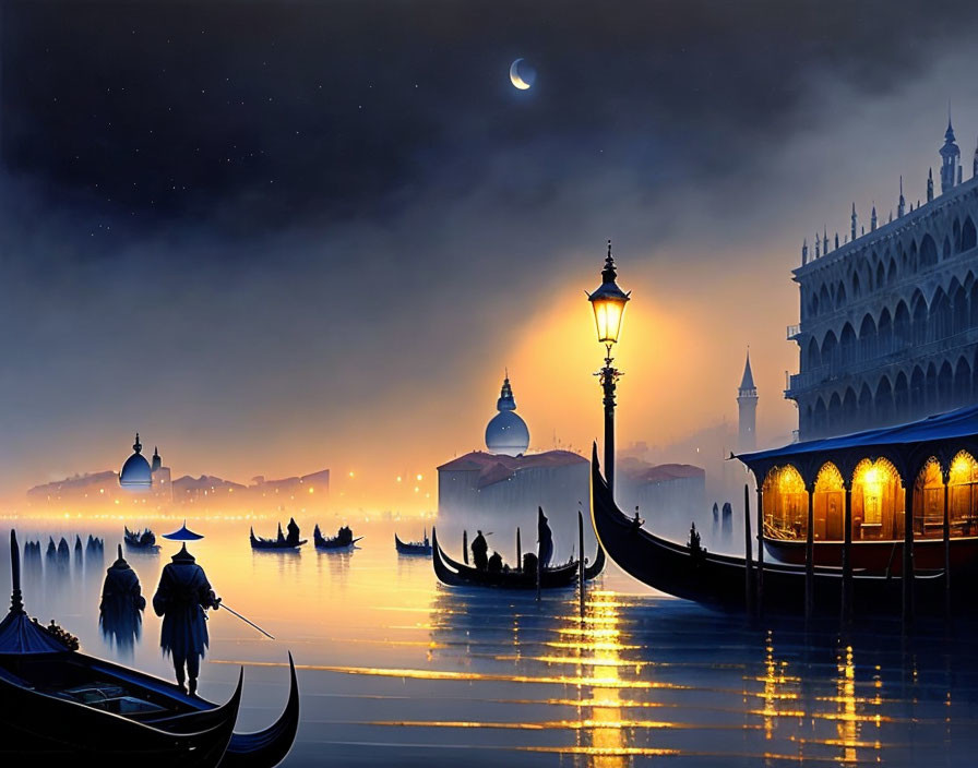 Nighttime Venetian scene with gondolas, pier, historic buildings, crescent moon,