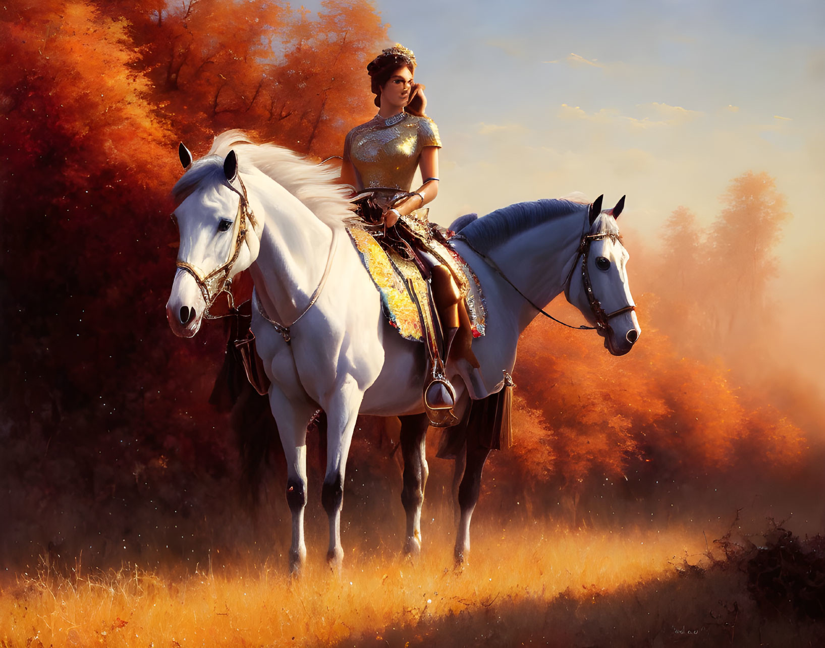 Medieval woman in armor on white horse with autumn backdrop