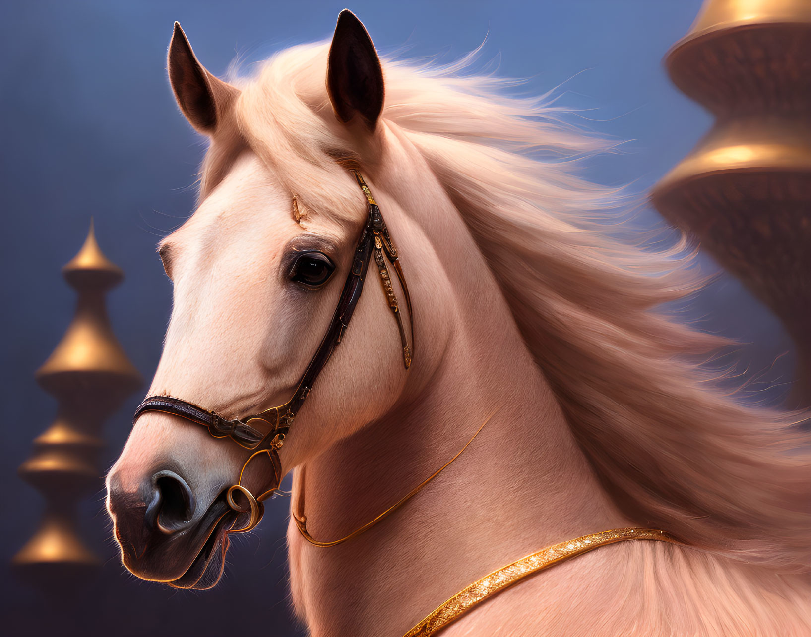 Palomino horse with golden bridle in chess-piece spires backdrop.