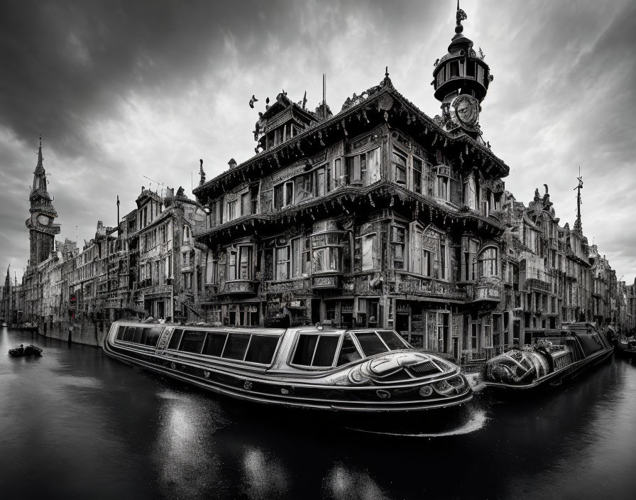 Monochrome photo of ornate historic buildings by a canal with boats, under cloudy sky