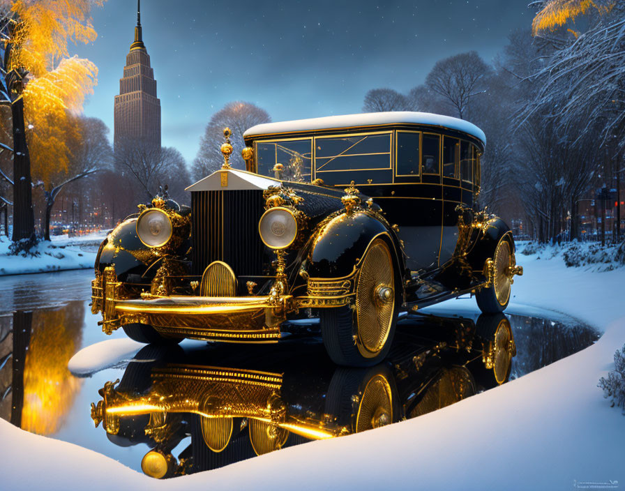 Classic Car Parked on Snowy Path with Lit Buildings and Trees in Background at Dusk