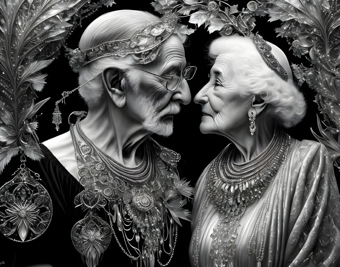 Elderly couple in ornate attire touching foreheads