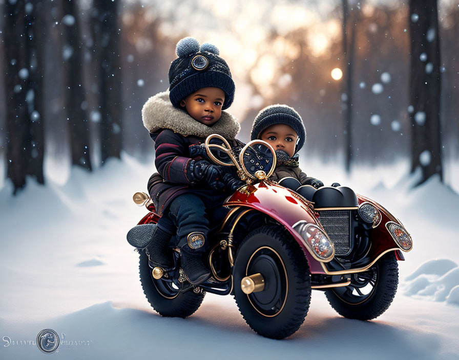 2 children on a toy car