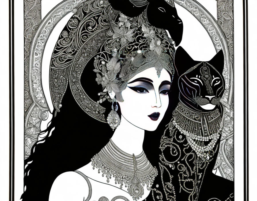 Monochrome illustration of female figure with elaborate headdress and jewelry next to ornately patterned cat
