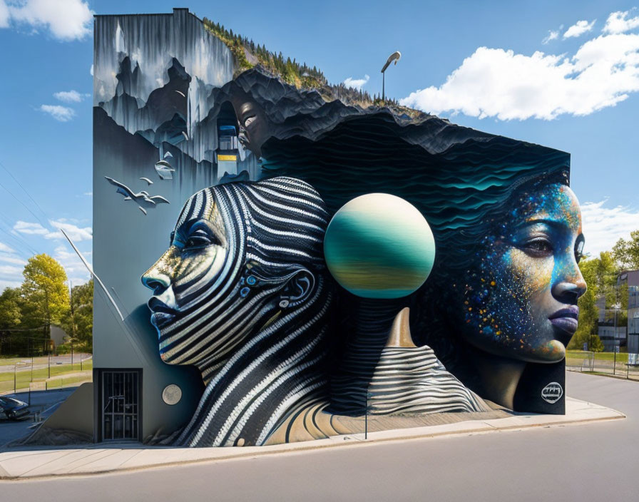 Colorful mural showcasing cosmic and nature-inspired faces and patterns