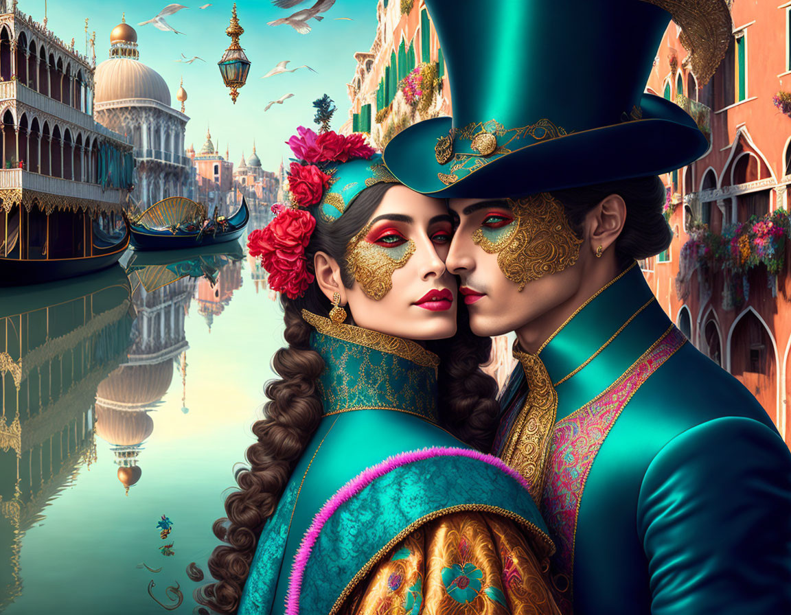 Detailed Venetian carnival couple illustration in opulent attire
