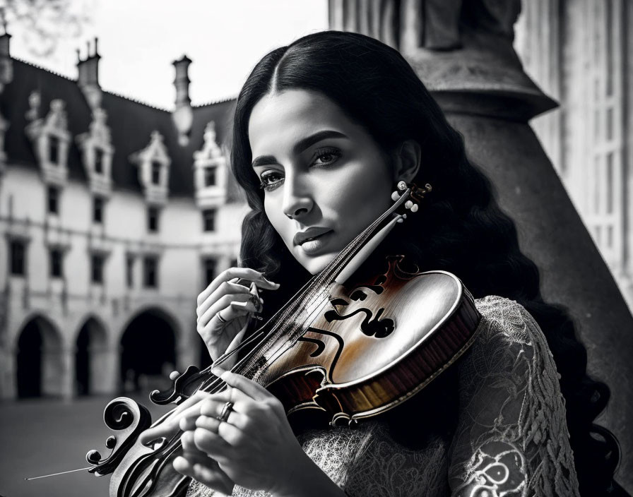 Monochrome image of woman playing violin in vintage attire against ornate building