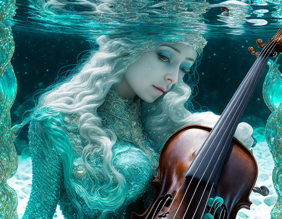 Ethereal underwater scene with woman in teal dress holding violin