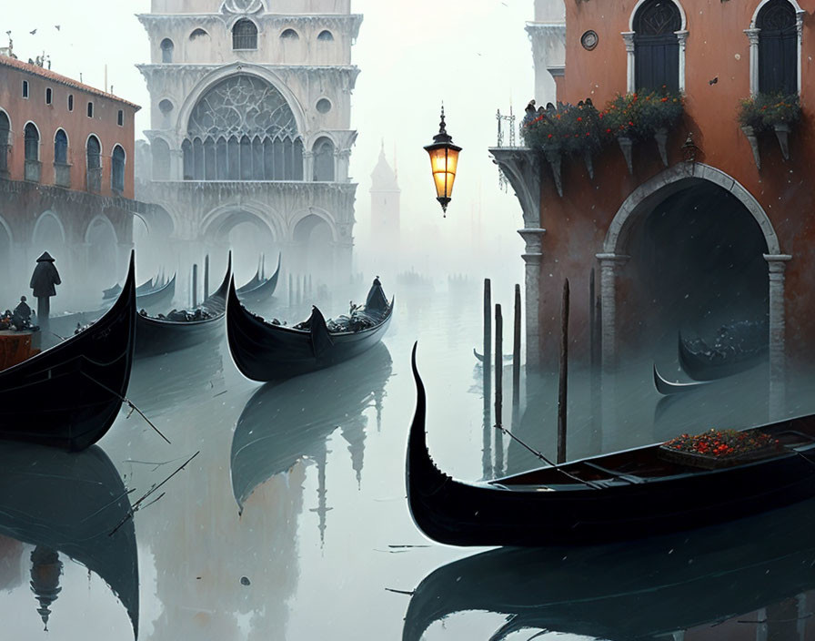 Gondolas on misty Venetian waters near historical buildings and lit lamp