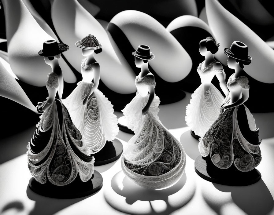 Monochrome image of elegant female figurines in intricate dresses and hats