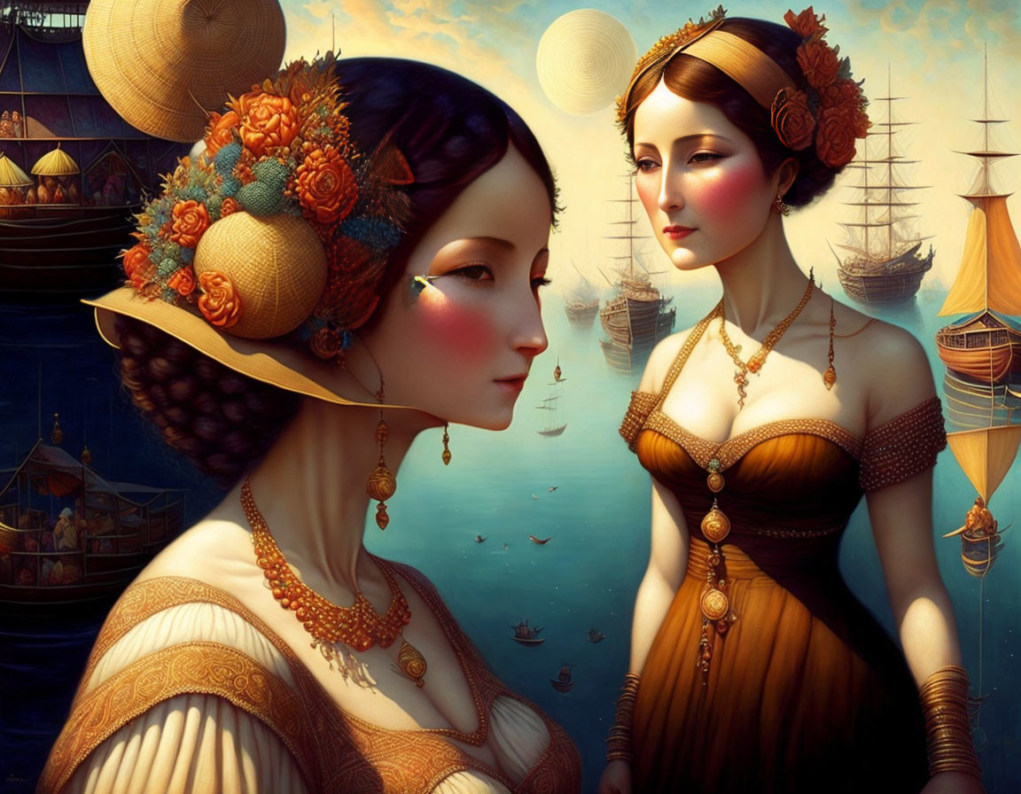 Two women with ornate hairstyles and jewelry in front of a seascape with tall ships