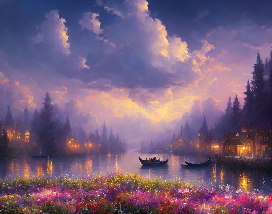 Twilight scene with vibrant sky, boats, cottages, and colorful flowers