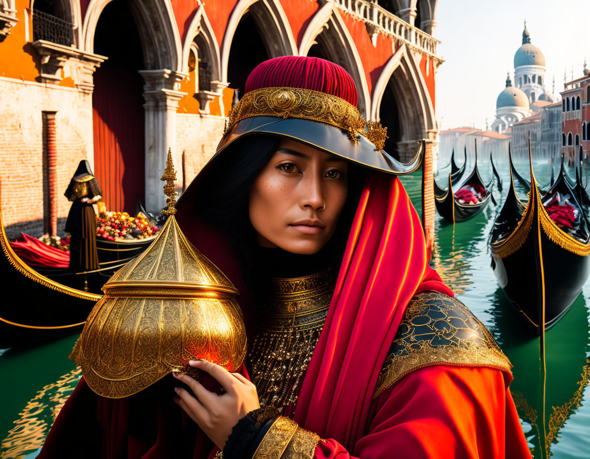 Elaborate historical attire figure by Venice canal
