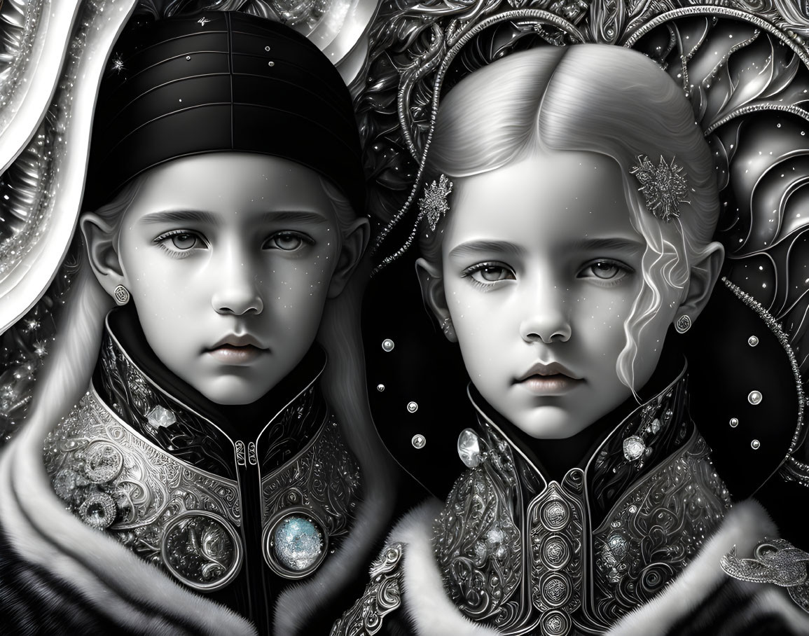 Children in intricate fantasy costumes with silver designs and gemstones in monochromatic setting