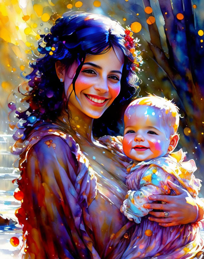 Colorful artwork: Smiling woman with baby in whimsical light bokeh