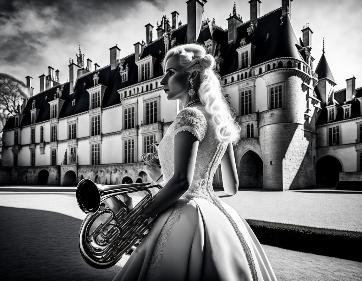 Monochrome image of woman with trombone and castle backdrop